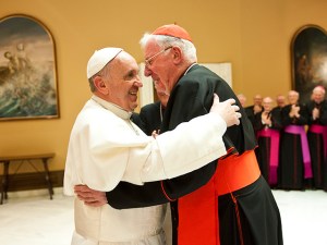 Late Cardinal Murphy O Connor Embracing Pope Francis. Photo credit: Catholic Bishops Conference of England and Wales.