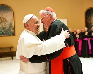 Late Cardinal Murphy O Connor Embracing Pope Francis. Photo credit: Catholic Bishops Conference of England and Wales.